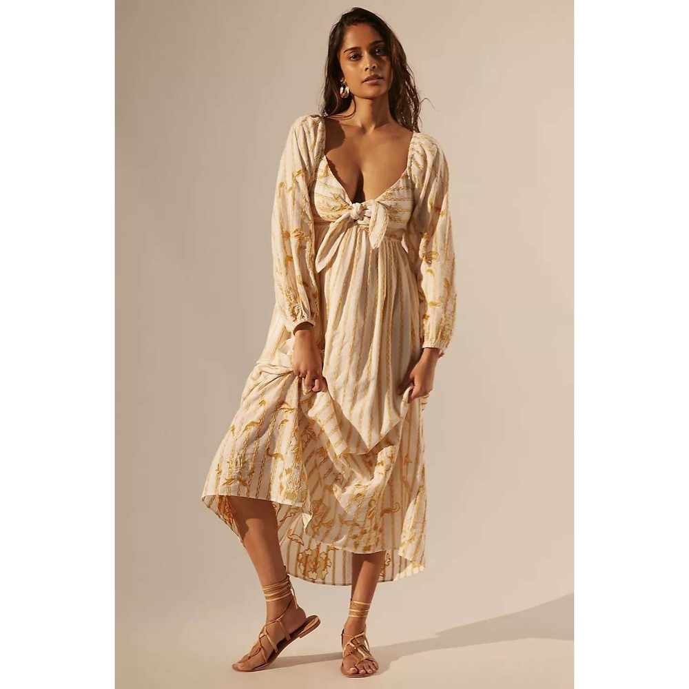 Anthropologie By Anthropologie Embroidered Tie-Front Maxi Dress Cream Gold M - Picture 4 of 13